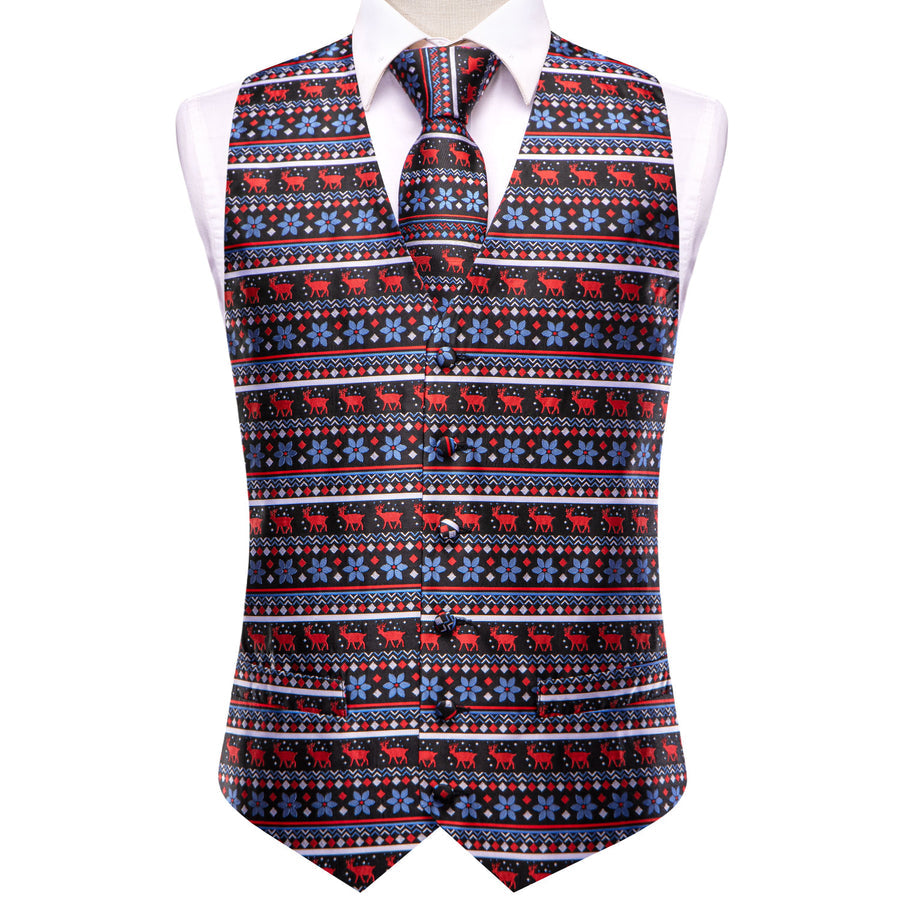 Black and Blue Jacquard Silk Vest Set with Red Christmas Deer Design - 4 Piece vest set    - Sophisticated Gentlemen