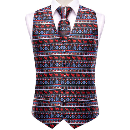Black and Blue Jacquard Silk Vest Set with Red Christmas Deer Design - 4 Piece vest set    - Sophisticated Gentlemen