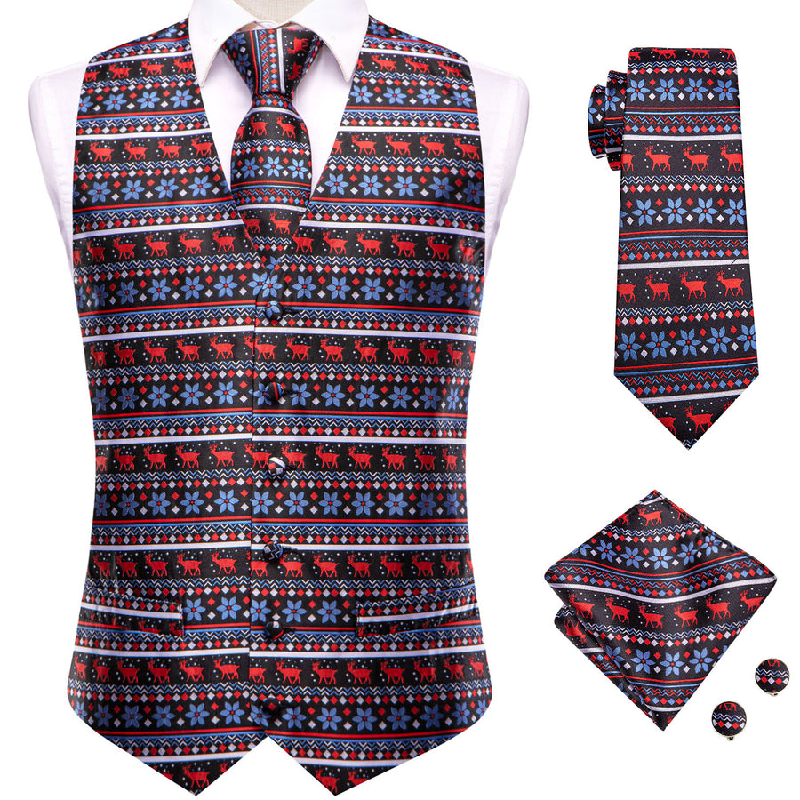 Black and Blue Jacquard Silk Vest Set with Red Christmas Deer Design - 4 Piece vest set    - Sophisticated Gentlemen