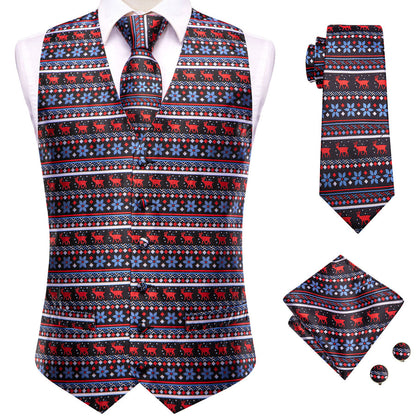 Black and Blue Jacquard Silk Vest Set with Red Christmas Deer Design - 4 Piece vest set    - Sophisticated Gentlemen