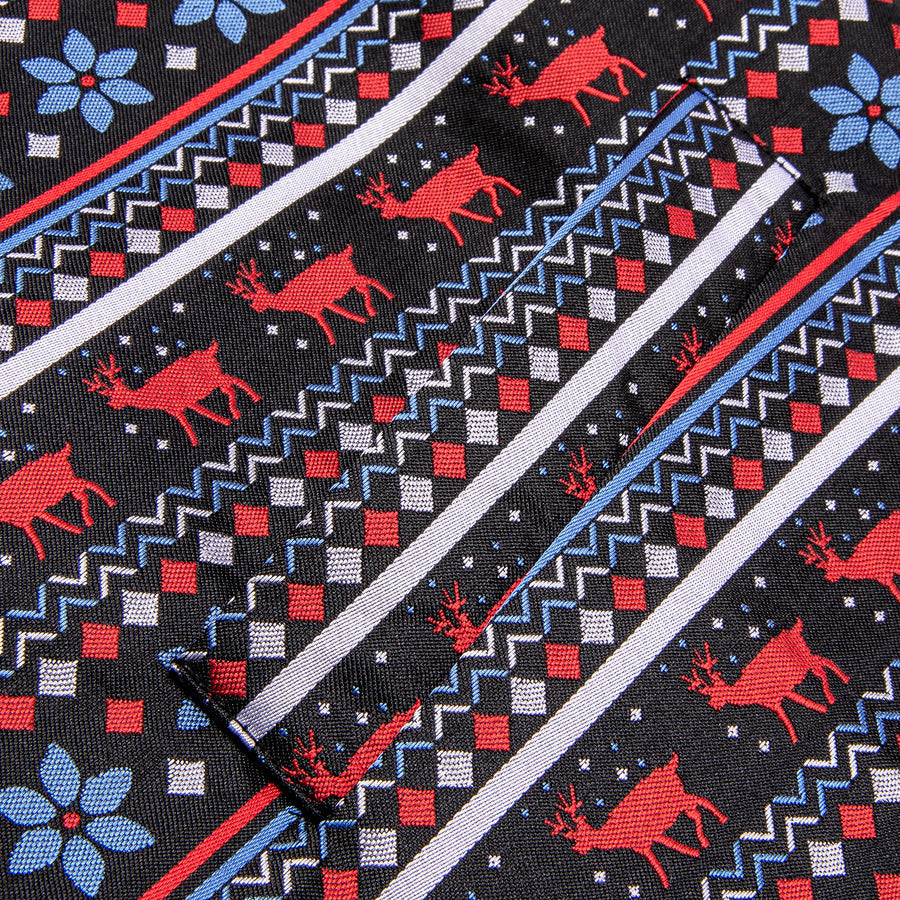 Black and Blue Jacquard Silk Vest Set with Red Christmas Deer Design - 4 Piece vest set    - Sophisticated Gentlemen