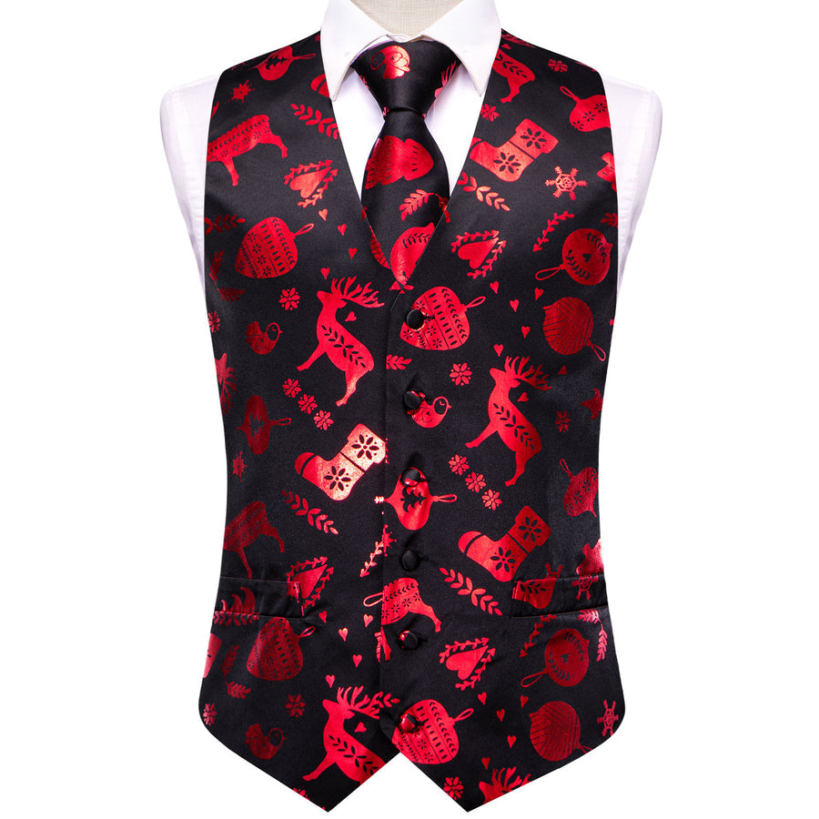 Christmas Black Red Deer Novelty Jacquard Silk Vest Set vest set    - Sophisticated Gentlemen