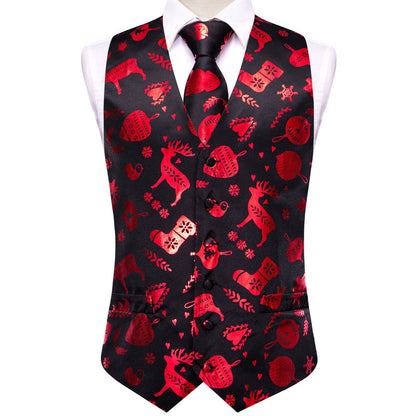 Christmas Black Red Deer Novelty Jacquard Silk Vest Set vest set    - Sophisticated Gentlemen