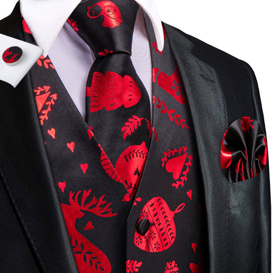 Christmas Black Red Deer Novelty Jacquard Silk Vest Set vest set S (Chest 40")   - Sophisticated Gentlemen