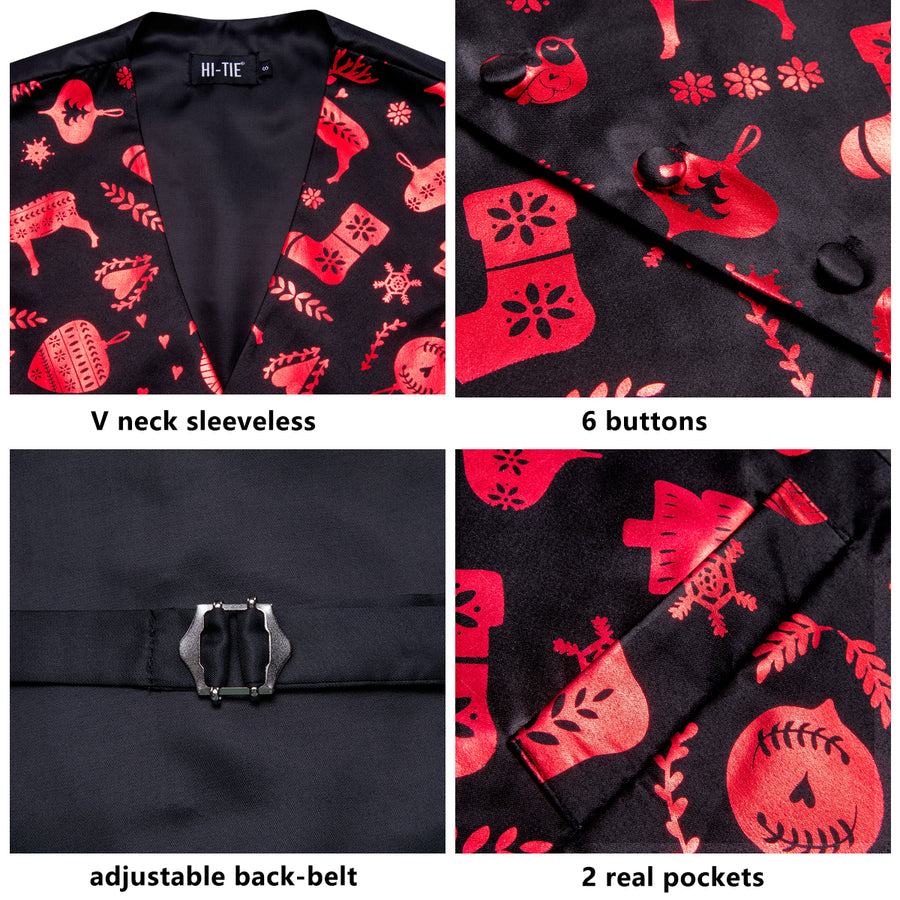 Christmas Black Red Deer Novelty Jacquard Silk Vest Set vest set    - Sophisticated Gentlemen
