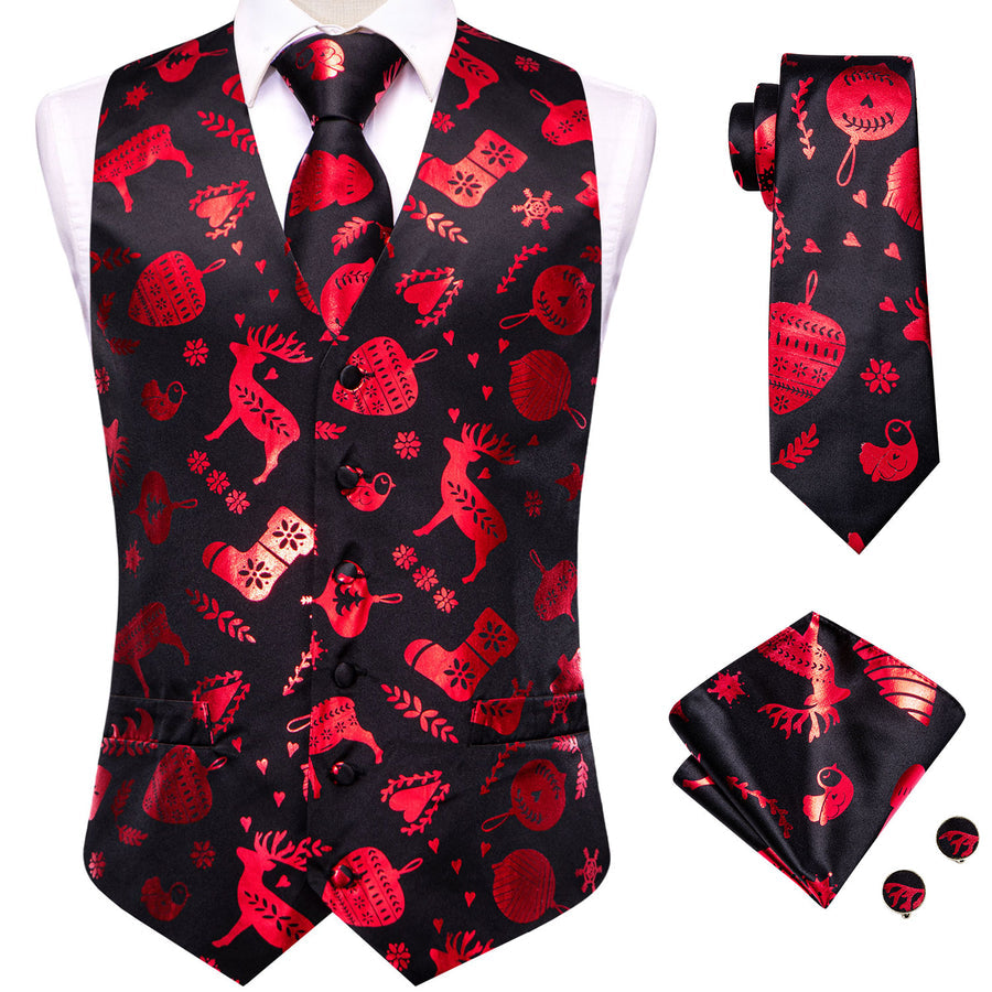 Christmas Black Red Deer Novelty Jacquard Silk Vest Set vest set    - Sophisticated Gentlemen
