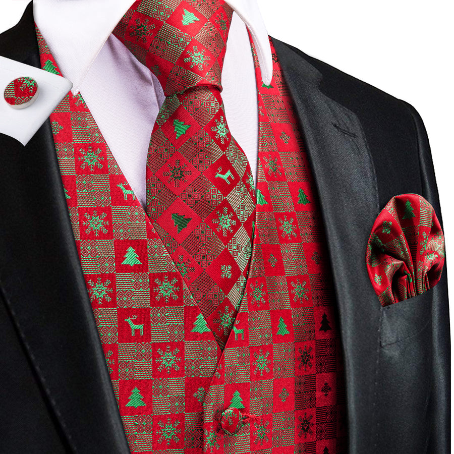 Christmas Red Green Deer Novelty Jacquard Silk Vest Set vest set S (Chest 40")   - Sophisticated Gentlemen