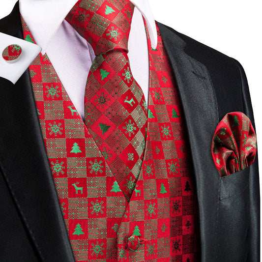 Christmas Red Green Deer Novelty Jacquard Silk Vest Set vest set S (Chest 40")   - Sophisticated Gentlemen