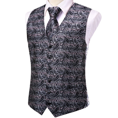 Black Pink Paisley Jacquard Silk Vest Set vest set    - Sophisticated Gentlemen