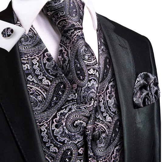 Black Pink Paisley Jacquard Silk Vest Set vest set S (Chest 40")   - Sophisticated Gentlemen