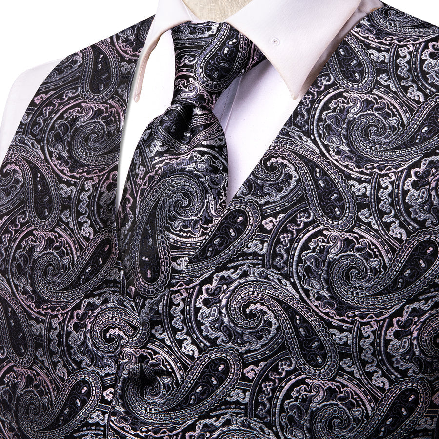 Black Pink Paisley Jacquard Silk Vest Set vest set    - Sophisticated Gentlemen
