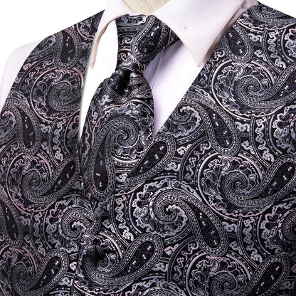 Black Pink Paisley Jacquard Silk Vest Set vest set    - Sophisticated Gentlemen