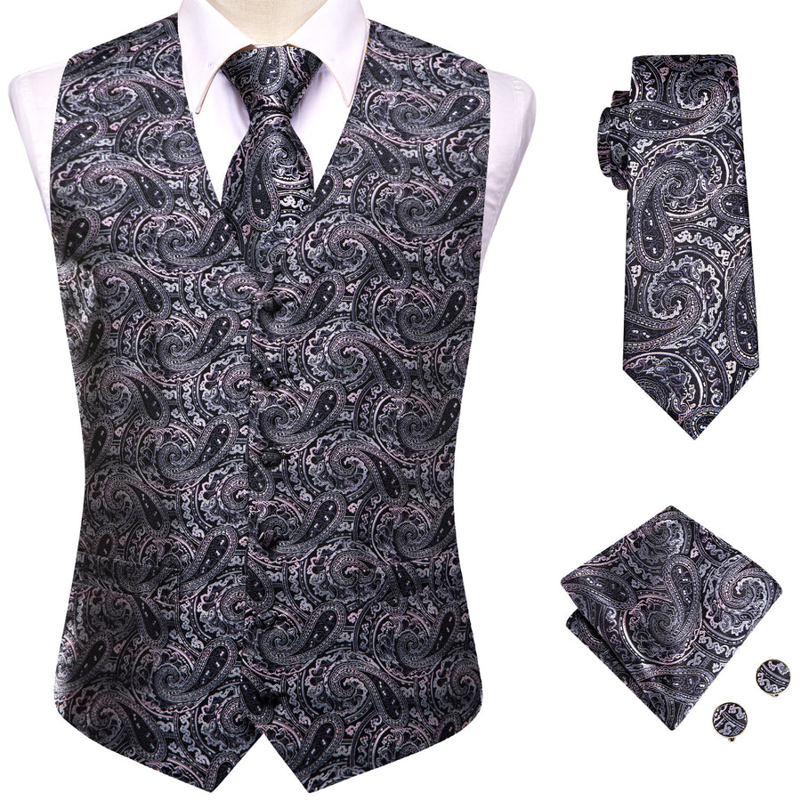Black Pink Paisley Jacquard Silk Vest Set vest set    - Sophisticated Gentlemen