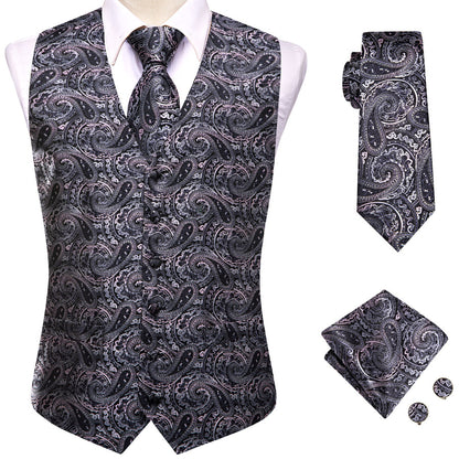 Black Pink Paisley Jacquard Silk Vest Set vest set    - Sophisticated Gentlemen
