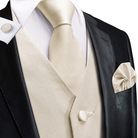 Cream White Plaid Jacquard Silk Men's Vest Set vest set S (Chest 40")   - Sophisticated Gentlemen