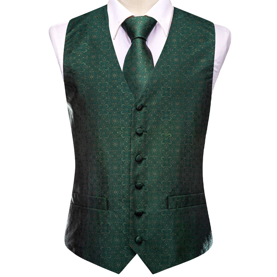 Sapphire Pine Green Flower Jacquard Silk Vest Set vest set    - Sophisticated Gentlemen