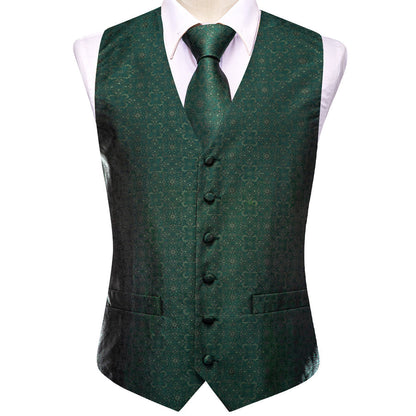 Sapphire Pine Green Flower Jacquard Silk Vest Set vest set    - Sophisticated Gentlemen