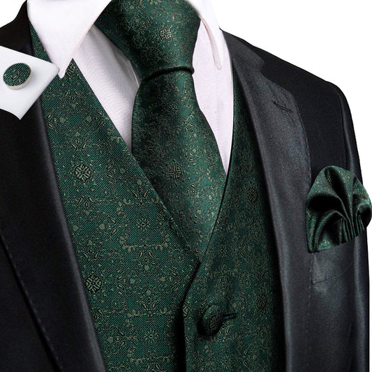 Sapphire Pine Green Flower Jacquard Silk Vest Set vest set S (Chest 40")   - Sophisticated Gentlemen