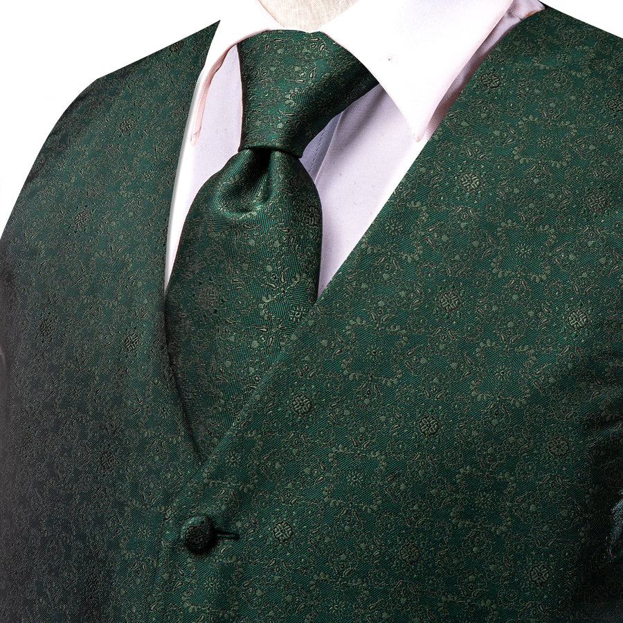 Sapphire Pine Green Flower Jacquard Silk Vest Set vest set    - Sophisticated Gentlemen