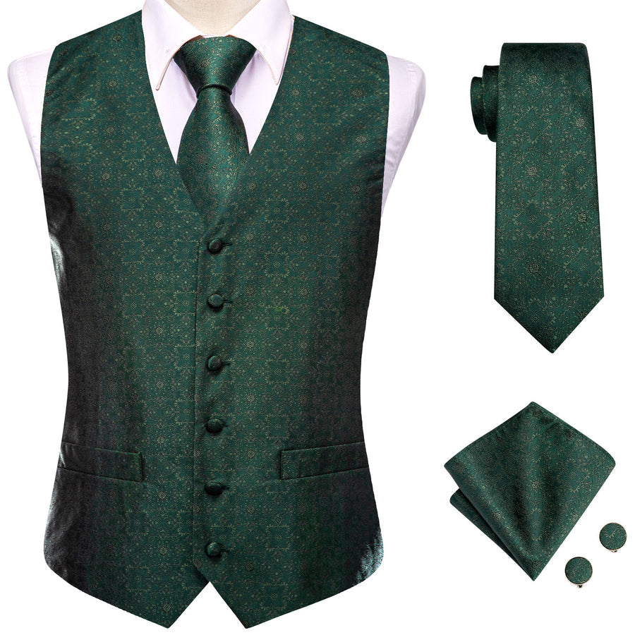 Sapphire Pine Green Flower Jacquard Silk Vest Set vest set    - Sophisticated Gentlemen
