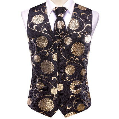 Black Golden Flower Floral Jacquard Silk Men's Vest Set vest set    - Sophisticated Gentlemen
