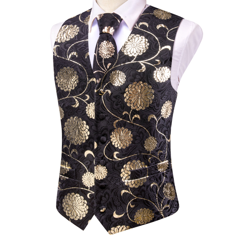 Black Golden Flower Floral Jacquard Silk Men's Vest Set vest set    - Sophisticated Gentlemen