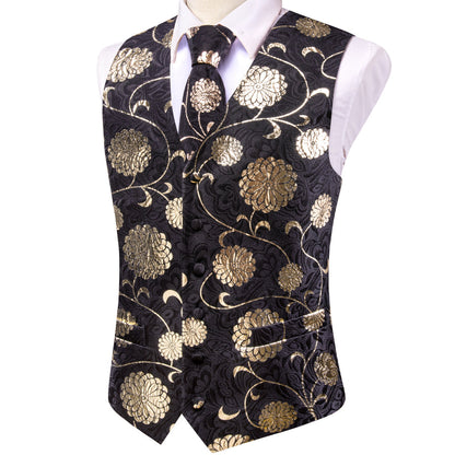 Black Golden Flower Floral Jacquard Silk Men's Vest Set vest set    - Sophisticated Gentlemen