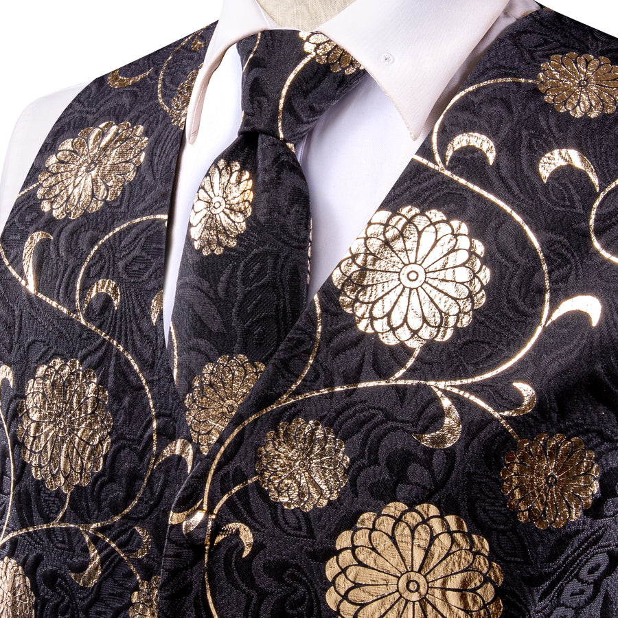 Black Golden Flower Floral Jacquard Silk Men's Vest Set vest set    - Sophisticated Gentlemen