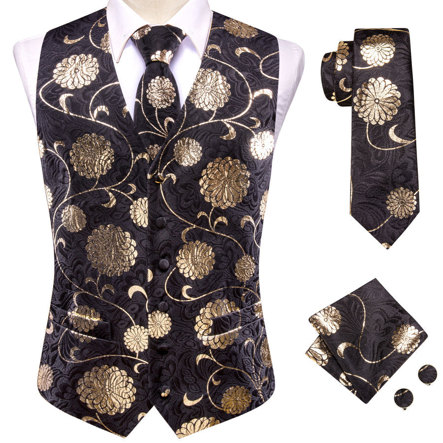 Black Golden Flower Floral Jacquard Silk Men's Vest Set vest set    - Sophisticated Gentlemen