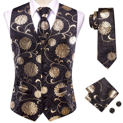 Black Golden Flower Floral Jacquard Silk Men's Vest Set vest set    - Sophisticated Gentlemen