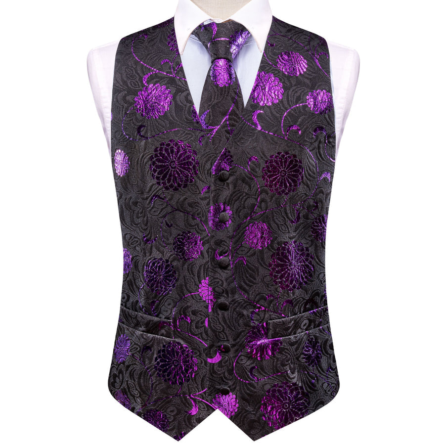 Black Purple Flower Floral Jacquard Silk Men's Vest Set vest set    - Sophisticated Gentlemen