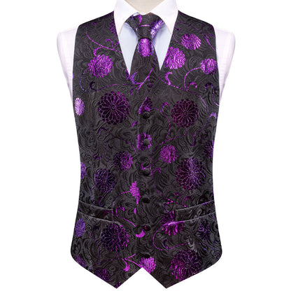 Black Purple Flower Floral Jacquard Silk Men's Vest Set vest set    - Sophisticated Gentlemen