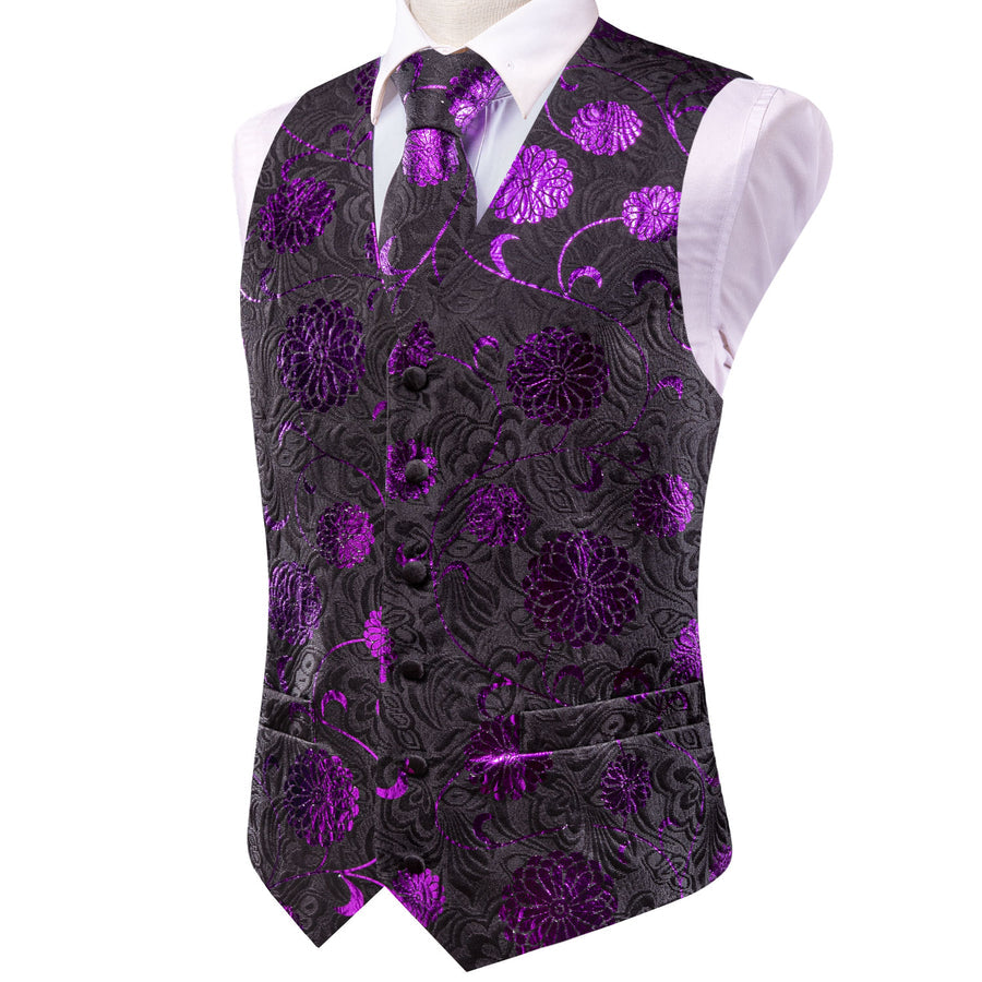 Black Purple Flower Floral Jacquard Silk Men's Vest Set vest set    - Sophisticated Gentlemen