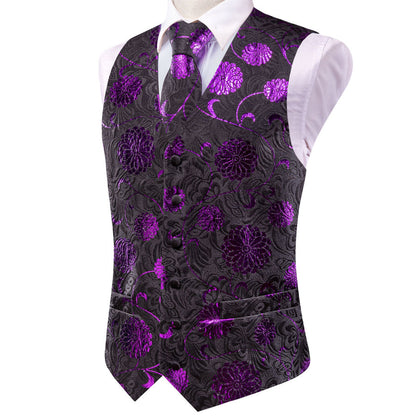 Black Purple Flower Floral Jacquard Silk Men's Vest Set vest set    - Sophisticated Gentlemen