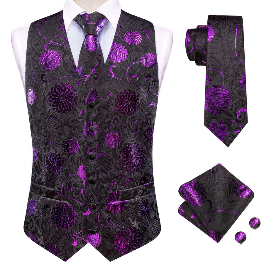 Black Purple Flower Floral Jacquard Silk Men's Vest Set vest set    - Sophisticated Gentlemen