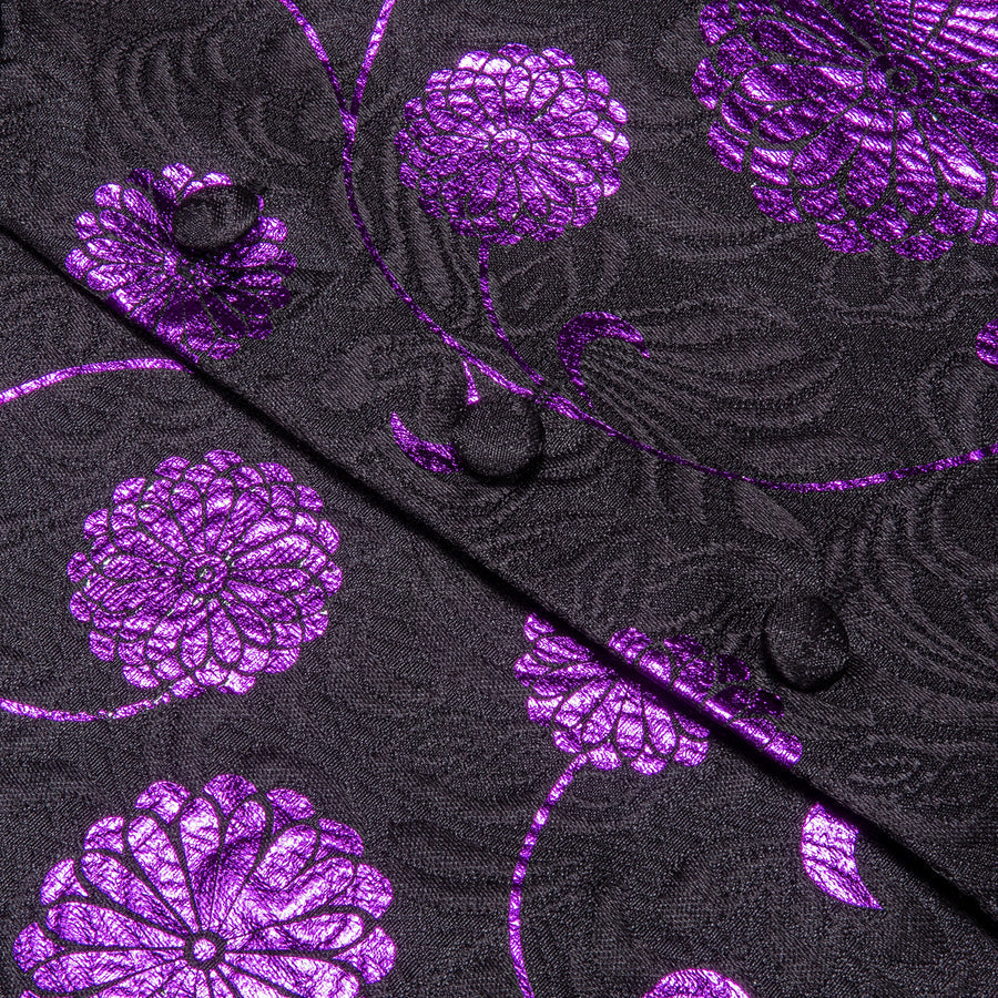 Black Purple Flower Floral Jacquard Silk Men's Vest Set vest set    - Sophisticated Gentlemen