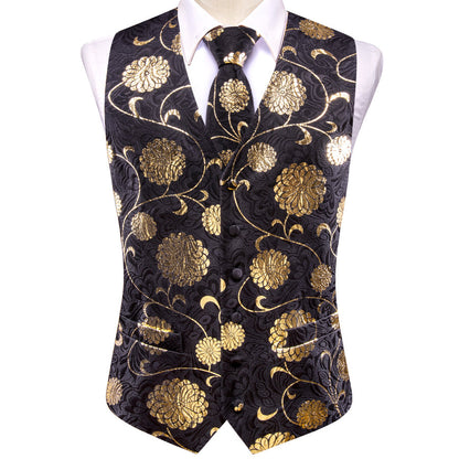 Black Gold Floral Jacquard Silk Men's Vest Set vest set    - Sophisticated Gentlemen