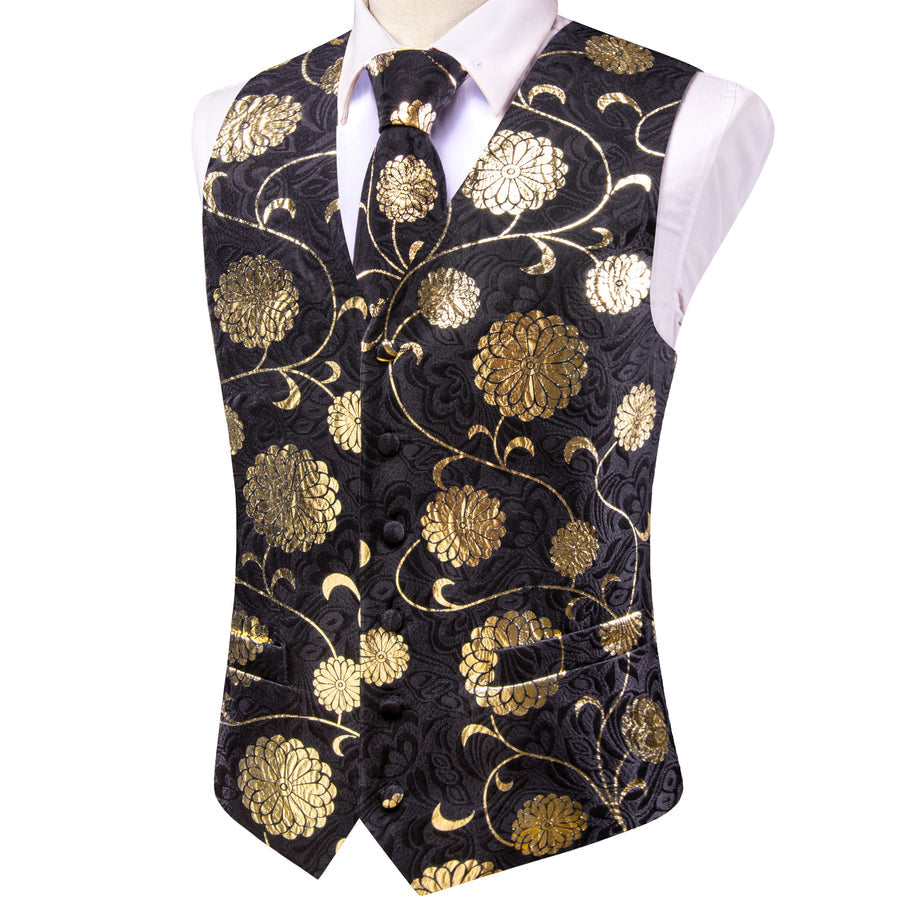 Black Gold Floral Jacquard Silk Men's Vest Set vest set    - Sophisticated Gentlemen
