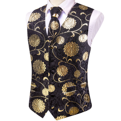 Black Gold Floral Jacquard Silk Men's Vest Set vest set    - Sophisticated Gentlemen