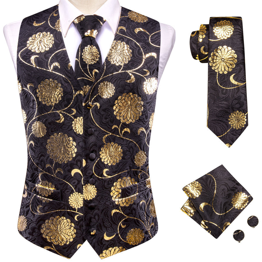 Black Gold Floral Jacquard Silk Men's Vest Set vest set    - Sophisticated Gentlemen