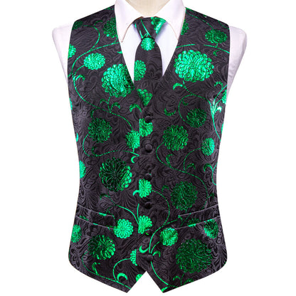 Black Green Floral Jacquard Silk Men's Vest Set vest set    - Sophisticated Gentlemen