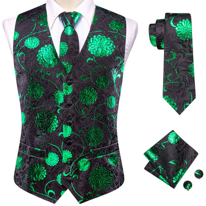 Black Green Floral Jacquard Silk Men's Vest Set vest set    - Sophisticated Gentlemen