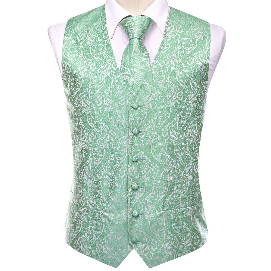 Mint Green Paisley Jacquard Silk Vest Set vest set    - Sophisticated Gentlemen