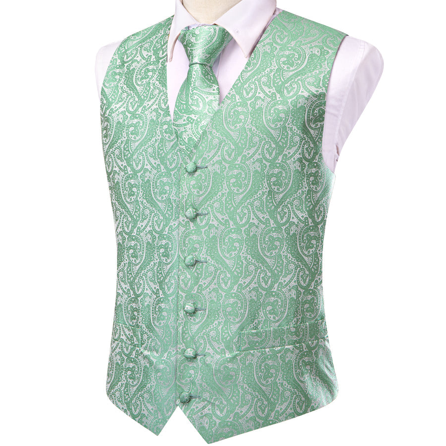 Mint Green Paisley Jacquard Silk Vest Set vest set    - Sophisticated Gentlemen