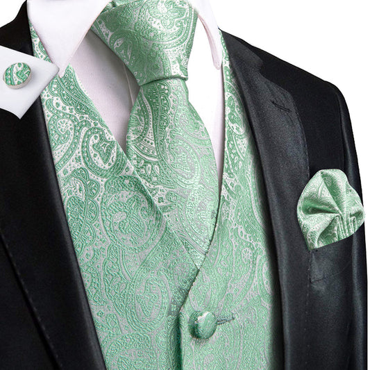 Mint Green Paisley Jacquard Silk Vest Set vest set S (Chest 40")   - Sophisticated Gentlemen