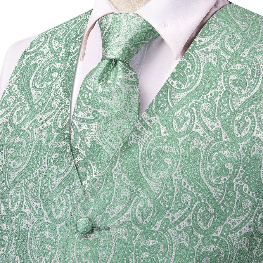 Mint Green Paisley Jacquard Silk Vest Set vest set    - Sophisticated Gentlemen