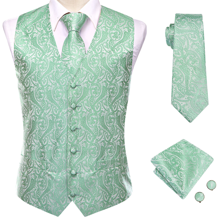 Mint Green Paisley Jacquard Silk Vest Set vest set    - Sophisticated Gentlemen