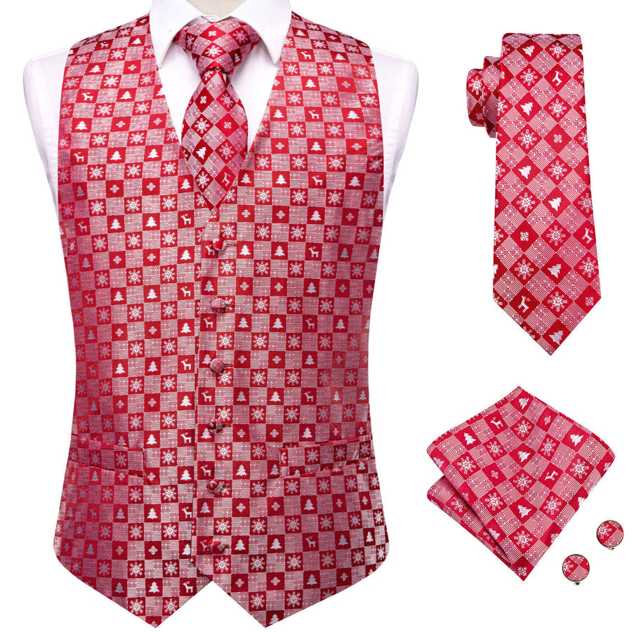 Christmas Red Snowflake Novelty Jacquard Silk Men's Vest Set vest set    - Sophisticated Gentlemen