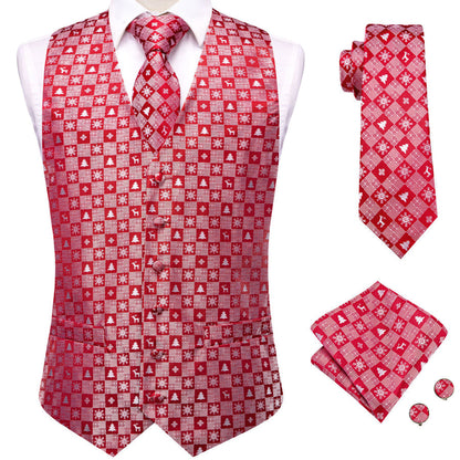 Christmas Red Snowflake Novelty Jacquard Silk Men's Vest Set vest set    - Sophisticated Gentlemen