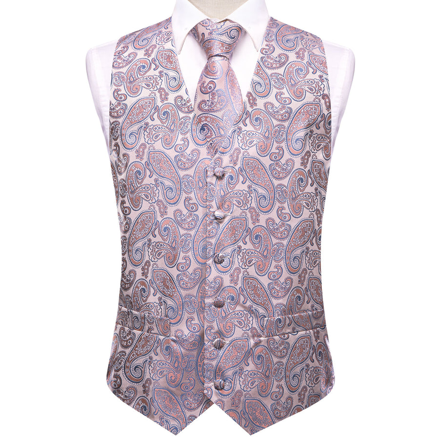 Pink Orange SkyBlue Paisley Jacquard Silk Vest Set vest set    - Sophisticated Gentlemen